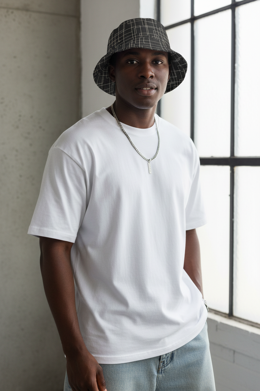 Architectural Silence Bucket Hat Black African American male model mockup