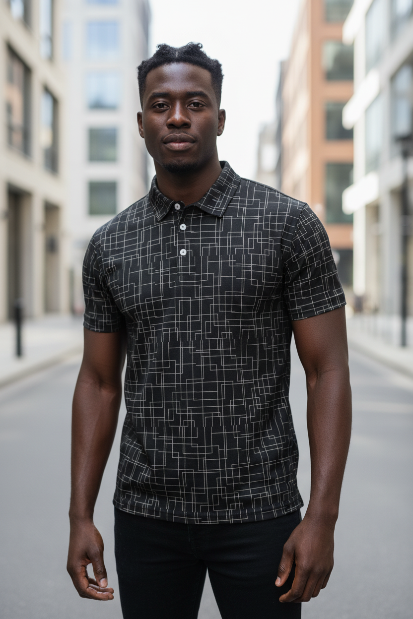 Black male model wearing full bleed all-over print polo including collar