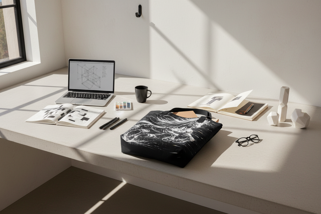 Glitched Gallop Black Tote Bag Lifestyle Image