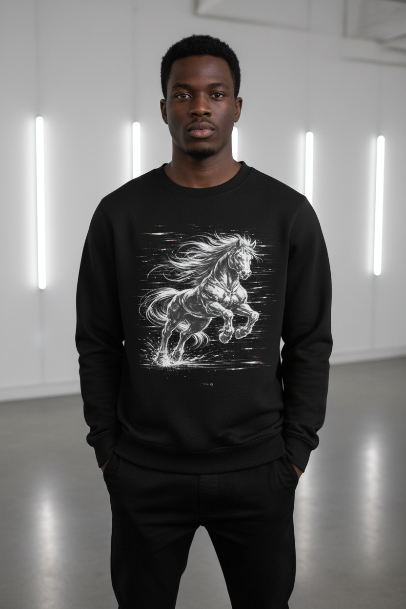 Glitched Horse Sweatshirt Black African American male model mockup