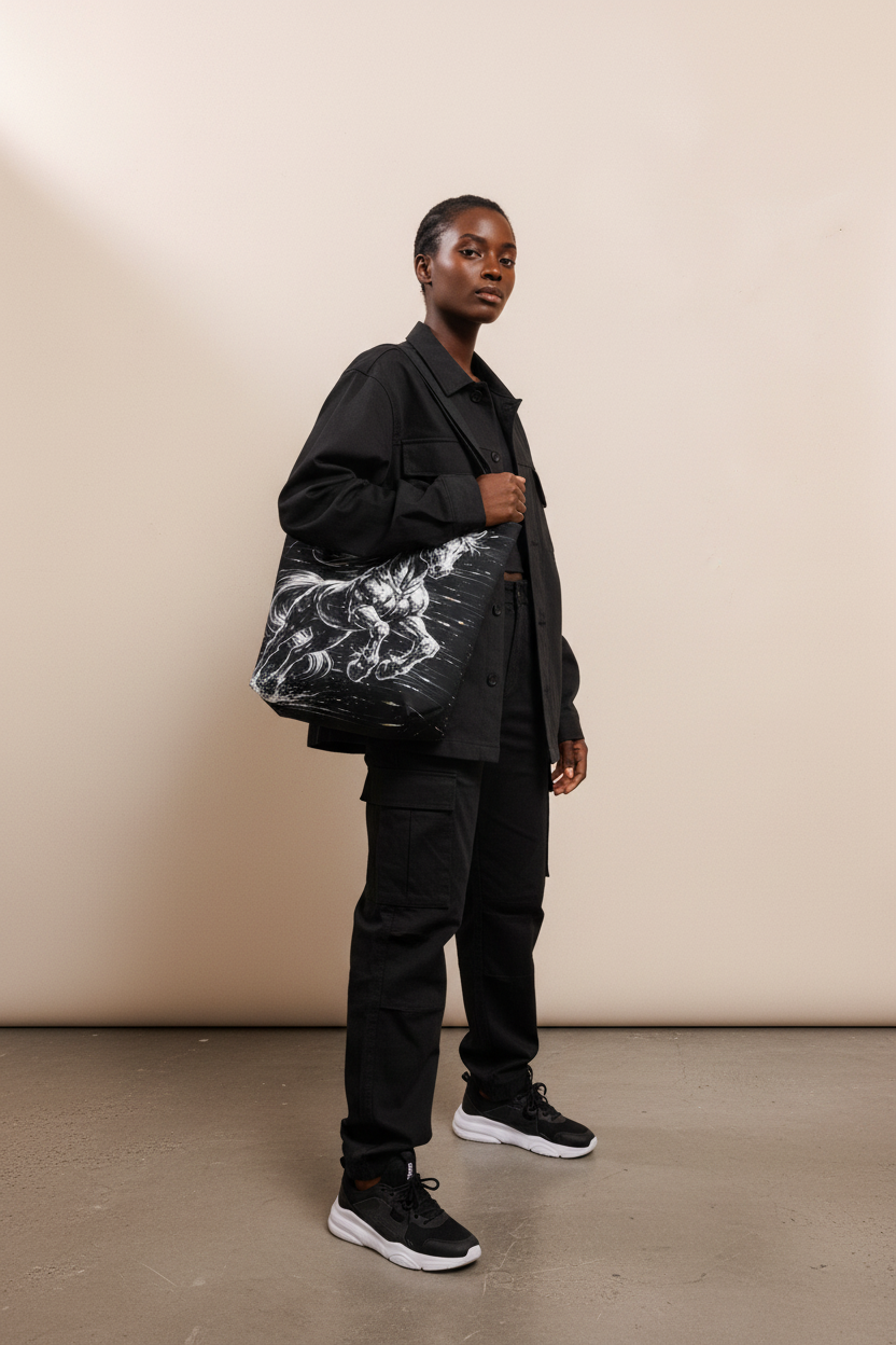 Glitched Horse Tote Bag Black African American female model mockup