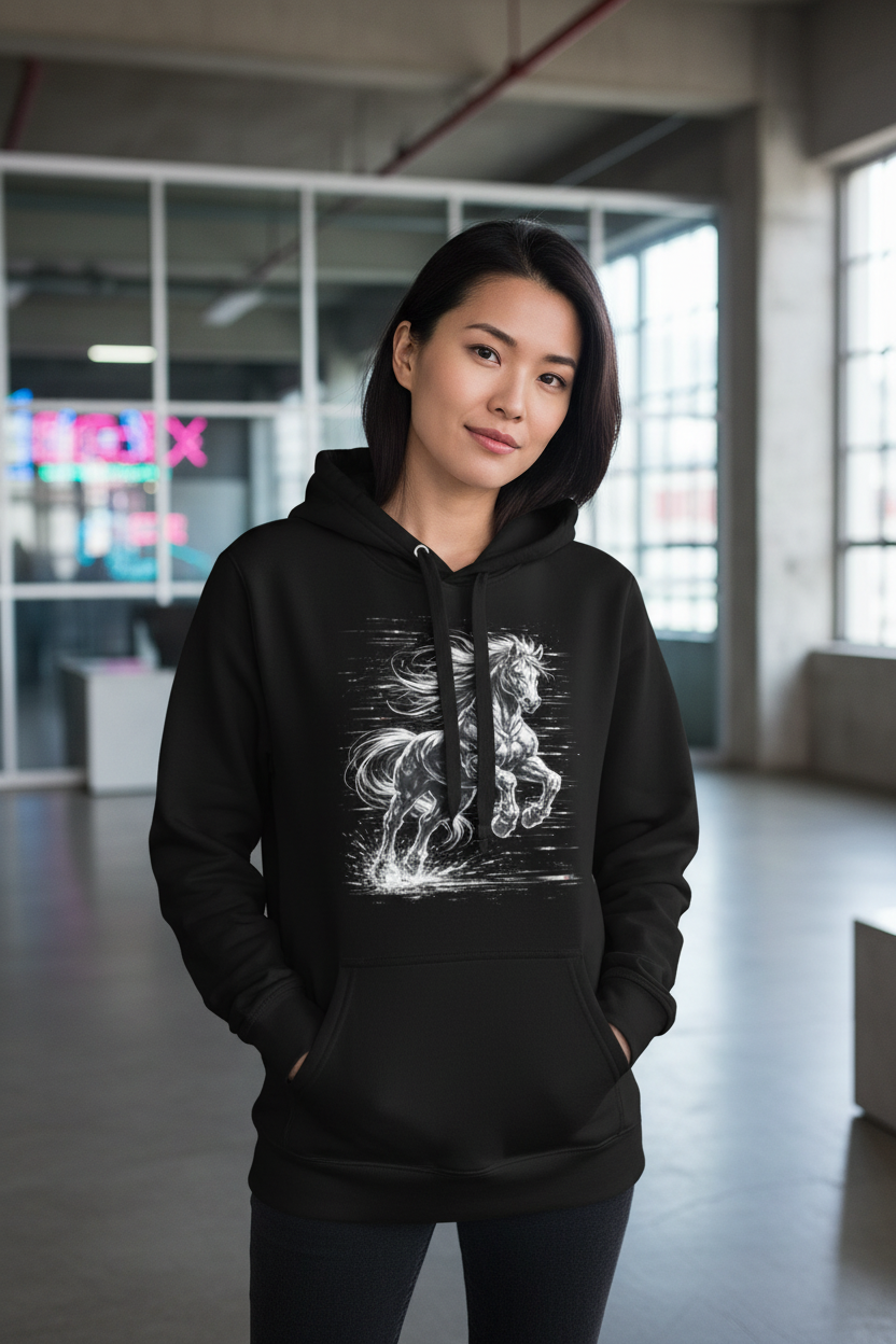 Lifestyle image of Glitched Gallop Cyberpunk Horse Hoodie with Asian model