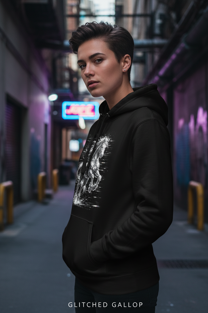 Lifestyle image of Glitched Gallop Cyberpunk Horse Hoodie