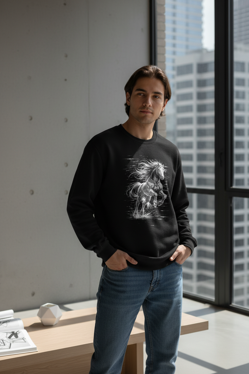 Lifestyle image of Glitched Gallop Horse Line Art Sweatshirt