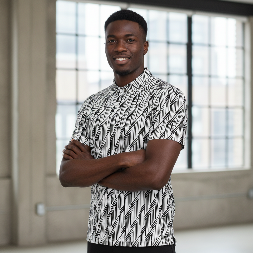 Lifestyle Portrait Mockup - Glitch Stripe Polo