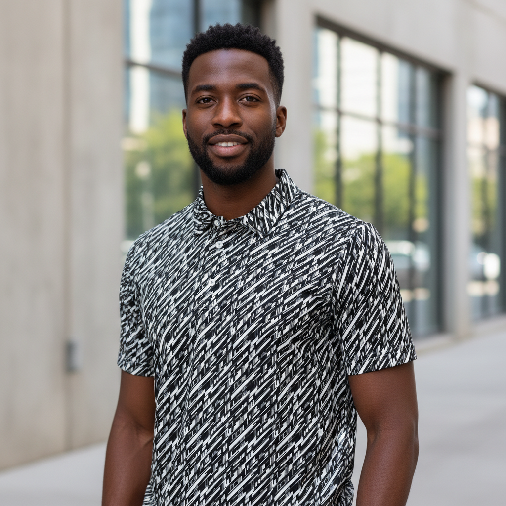 Lifestyle Portrait Mockup - High-Energy Glitch Stripes Polo