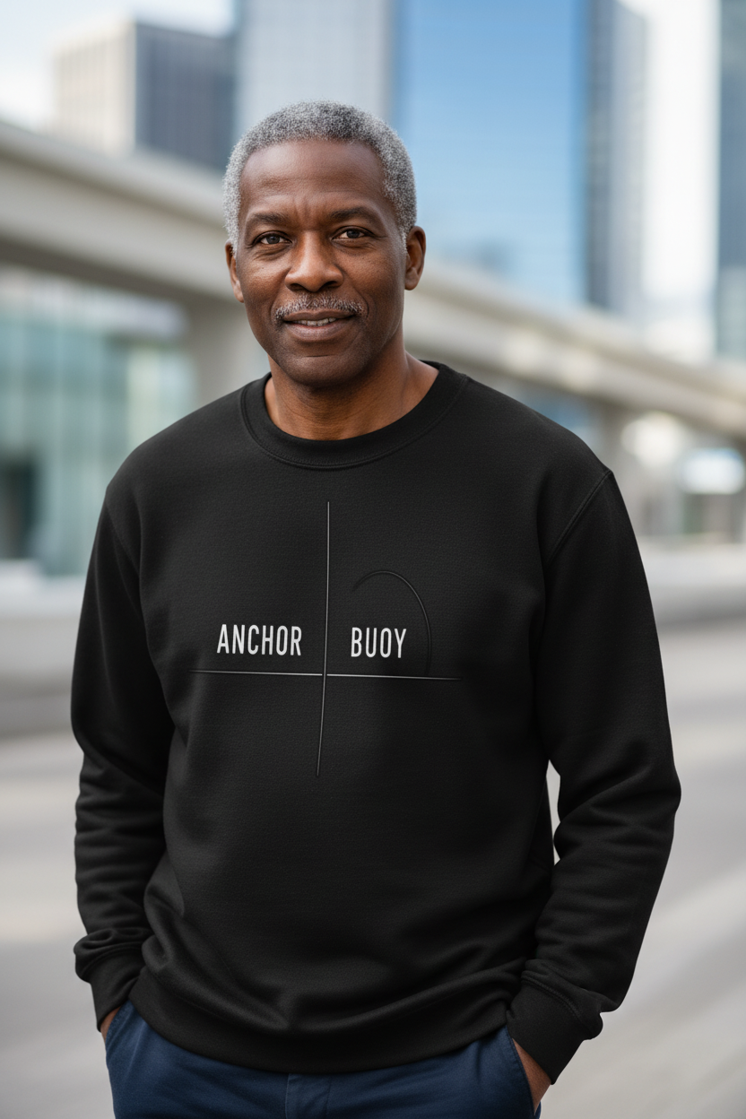 Portrait orientation - Older Black male wearing ANCHOR / BUOY sweatshirt