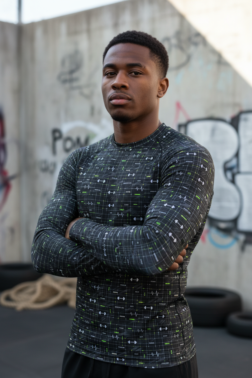 Training System Rash Guard - Dark Pattern Lifestyle Portrait